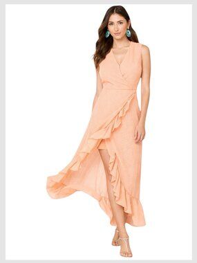 Bebe Wrap Maxi Dress Coral Peach Ruffle V-Neck Size S